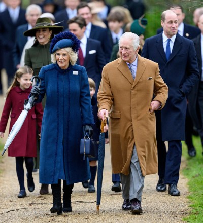 Camilla Queen Consort and King Charles III followed by Princess Charlotte, Catherine Princess of Wales, Prince Louis, Prince George and Prince William
Christmas Day church service, Sandringham, Norfolk, UK - 25 Dec 2022